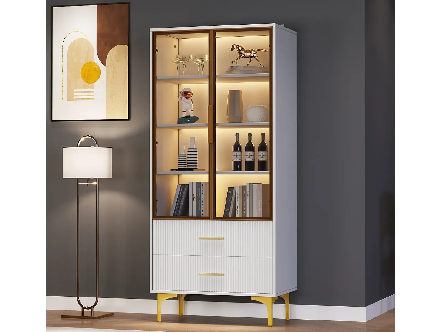 Vitrina de cristal con LED, 2 puertas, estantes regulables, MDF, blanco, (70x35x150 cm)