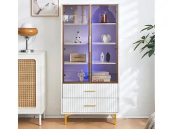 Vitrina de cristal con LED, 2 puertas, estantes regulables, MDF, blanco, (70x35x150 cm)