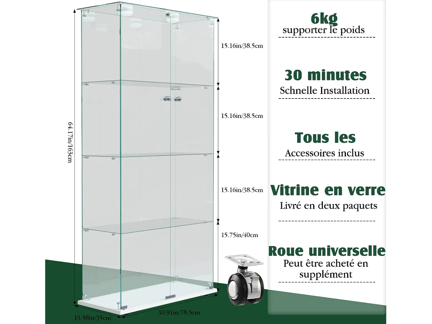 Vitrina de cristal con luz de grifo, vitrina, 2 puertas con cerradura, 4 estantes, 163 x 78,5 x 35 cm, color blanco