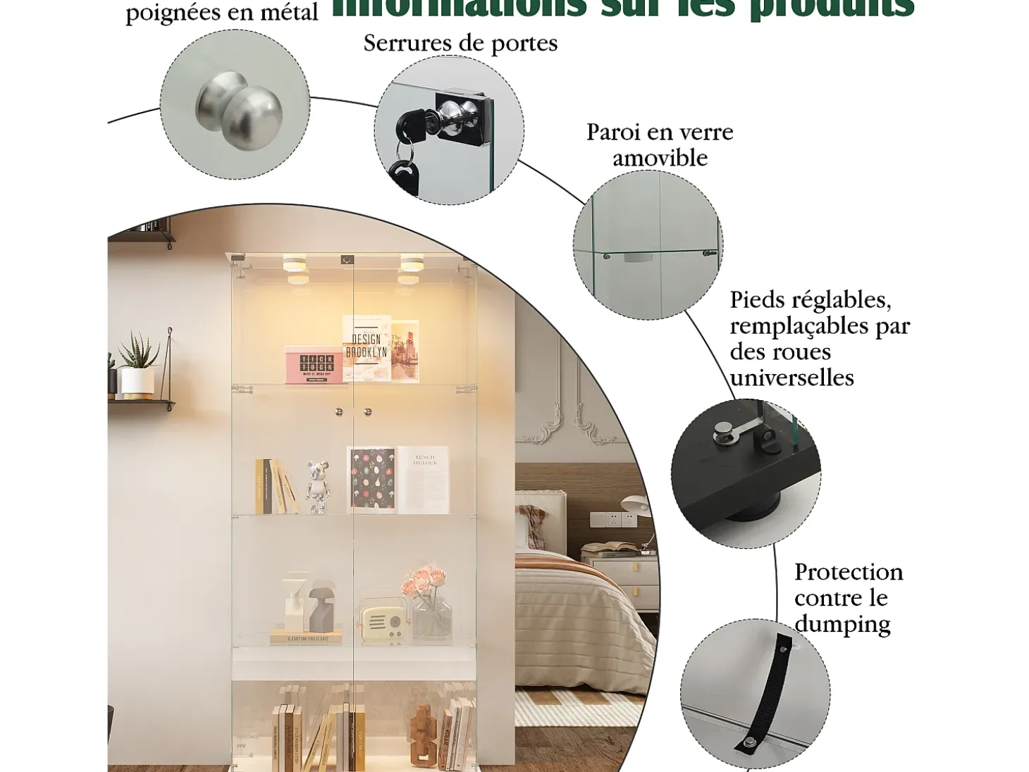 Vitrina de cristal con luz de grifo, vitrina, 2 puertas con cerradura, 4 estantes, 163 x 78,5 x 35 cm, color blanco