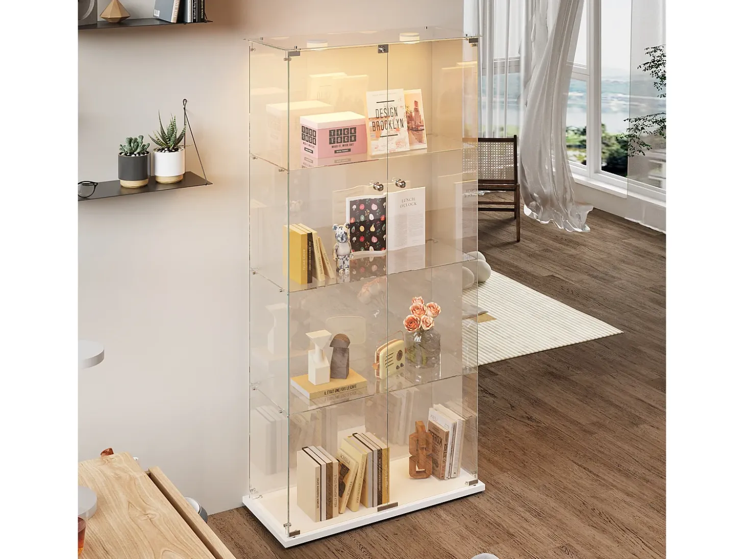 Vitrina de cristal con luz de grifo, vitrina, 2 puertas con cerradura, 4 estantes, 163 x 78,5 x 35 cm, color blanco