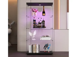 Vitrina de cristal con soporte, LED, 2 puertas con cerradura, 4 compartimentos, para colecciones y decoración