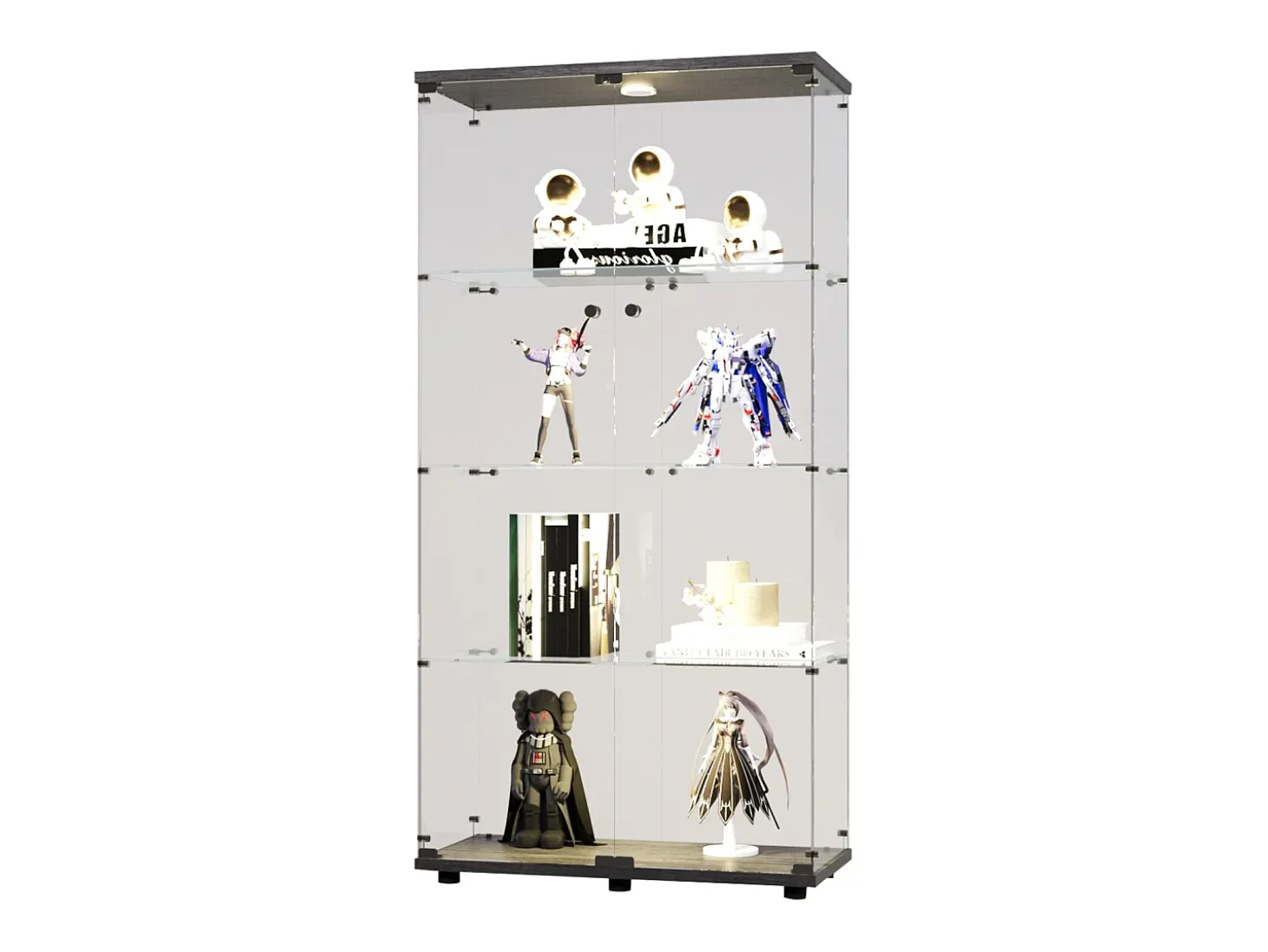 Vitrina de cristal con soporte, LED, 2 puertas con cerradura, 4 compartimentos, para colecciones y decoración