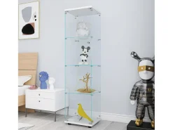 Vitrina de cristal de 164 cm – 4 estantes, 1 puerta con cerradura, Mueble de almacenaje moderno, Blanco