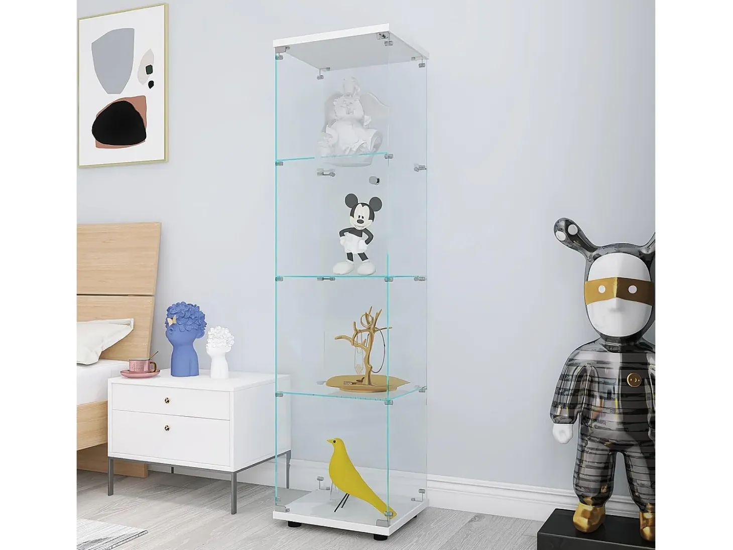 Vitrina de cristal de 164 cm – 4 estantes, 1 puerta con cerradura, Mueble de almacenaje moderno, Blanco
