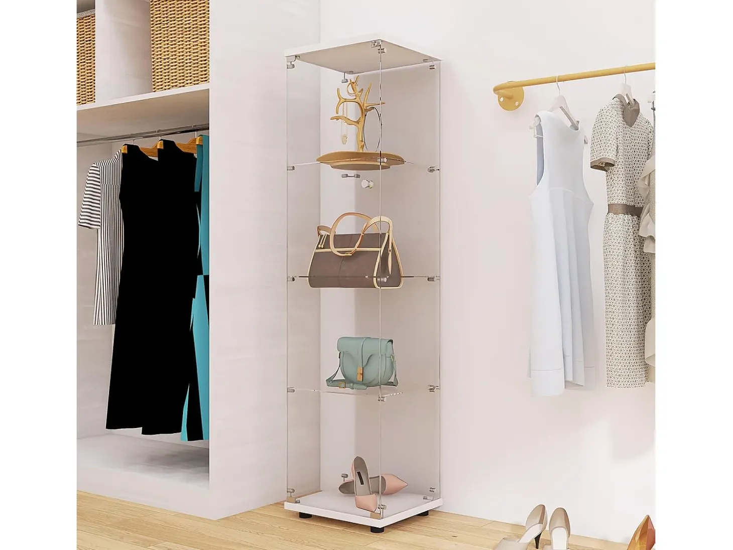 Vitrina de cristal de 164 cm – 4 estantes, 1 puerta con cerradura, Mueble de almacenaje moderno, Blanco