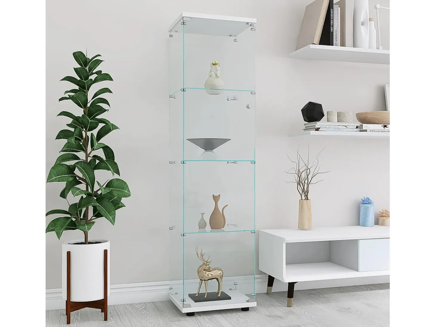 Vitrina de cristal de 164 cm – 4 estantes, 1 puerta con cerradura, Mueble de almacenaje moderno, Blanco