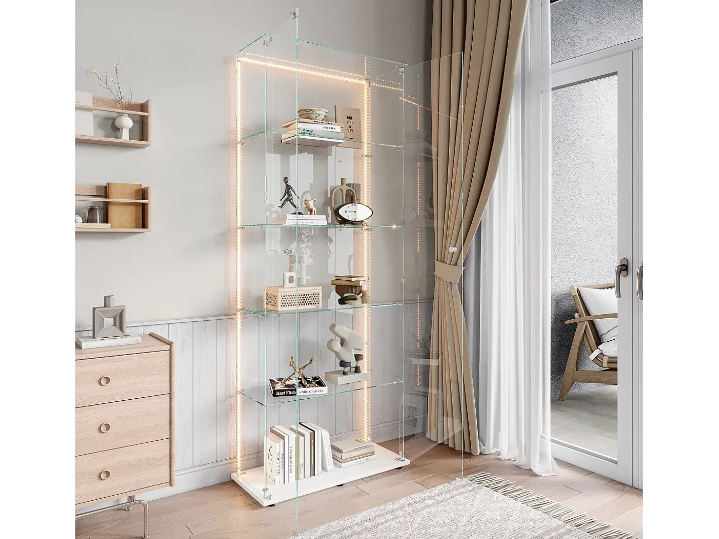 Vitrina de cristal de 5 estantes con iluminación LED personalizable – Base blanca