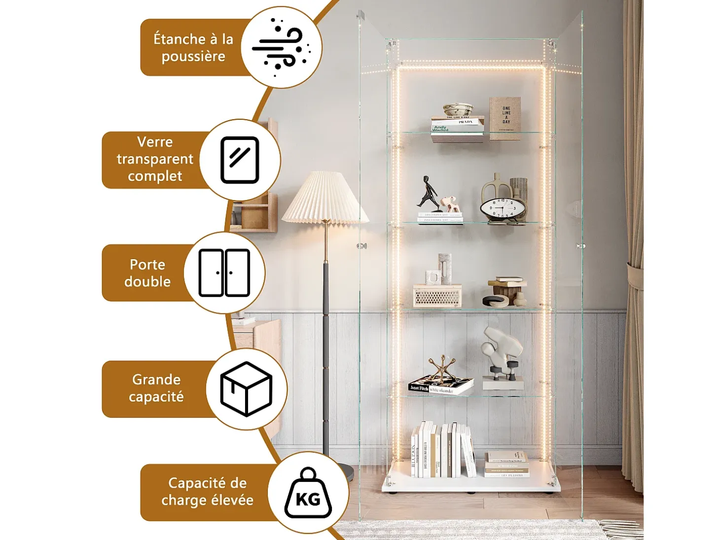 Vitrina de cristal de 5 estantes con iluminación LED personalizable – Base blanca