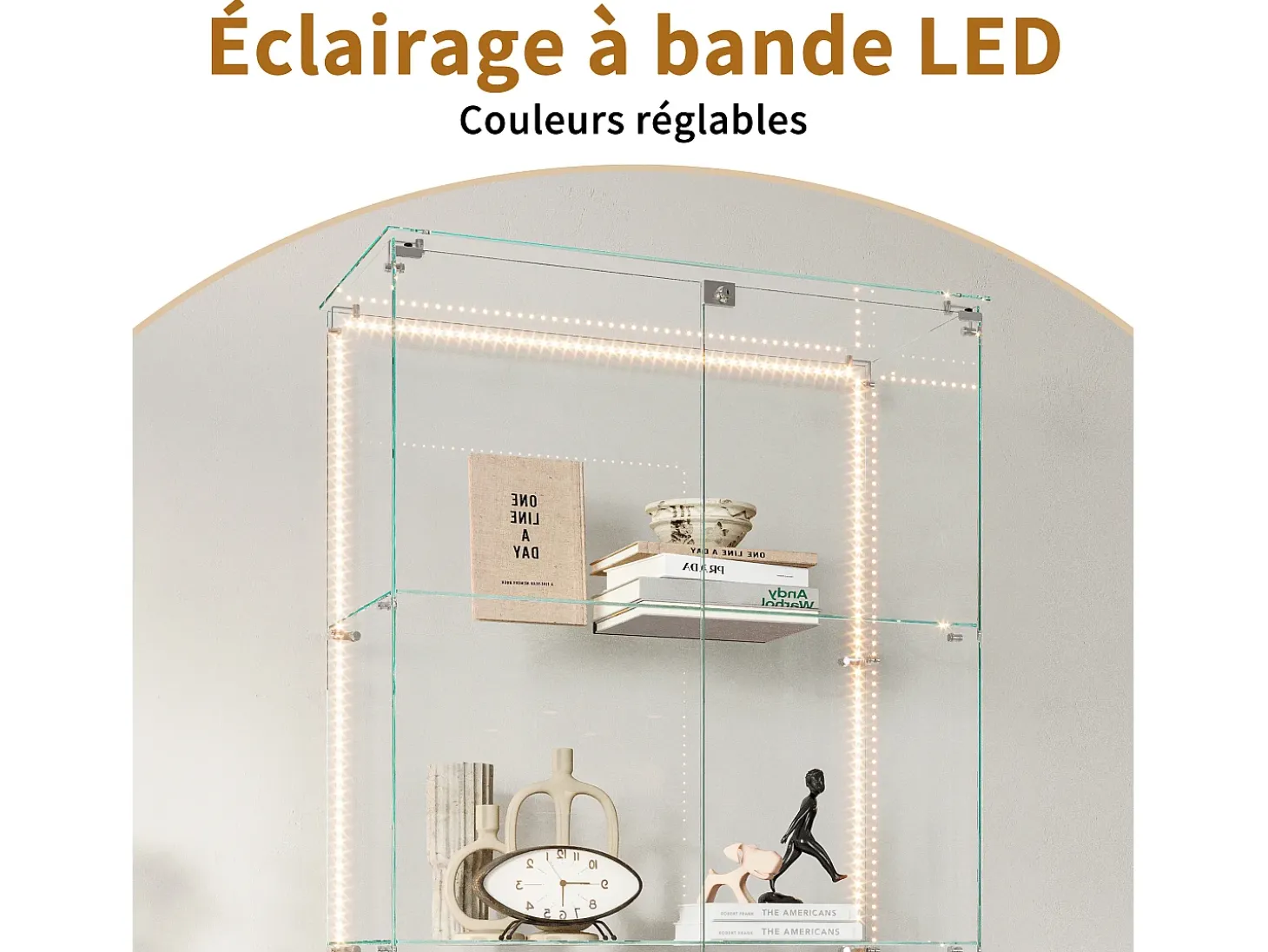 Vitrina de cristal de 5 estantes con iluminación LED personalizable – Base blanca