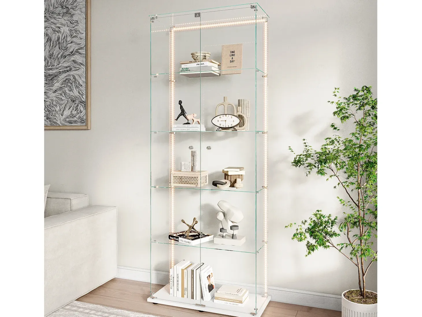 Vitrina de cristal de 5 estantes con iluminación LED personalizable – Base blanca