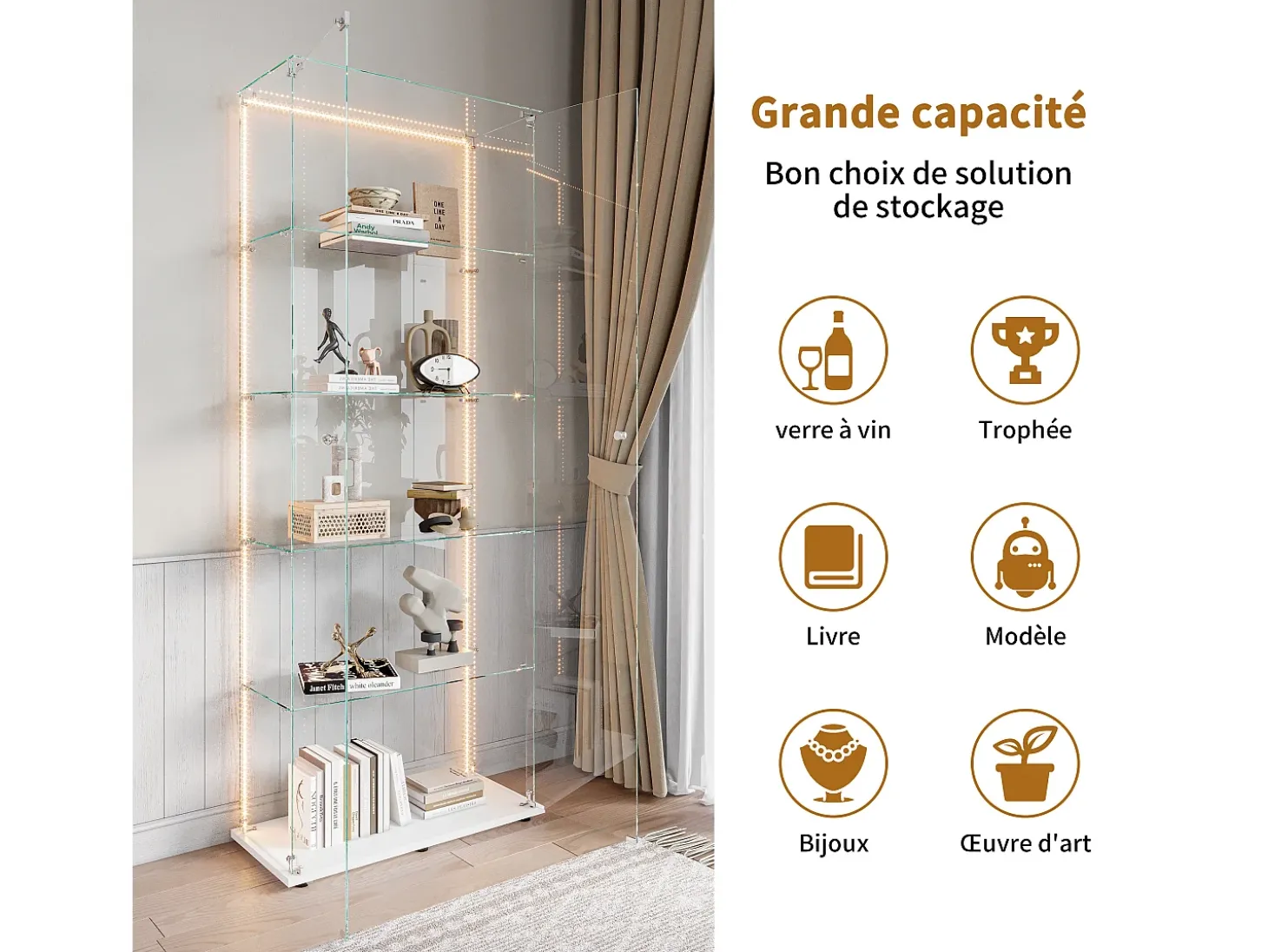Vitrina de cristal de 5 estantes con iluminación LED personalizable – Base blanca