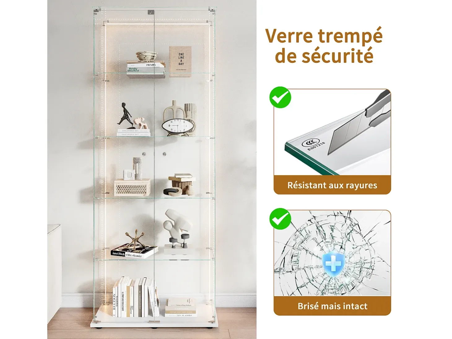Vitrina de cristal de 5 estantes con iluminación LED personalizable – Base blanca