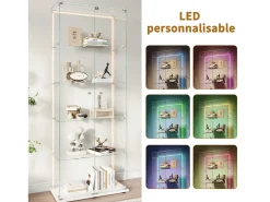 Vitrina de cristal de 5 estantes con iluminación LED personalizable – Base blanca