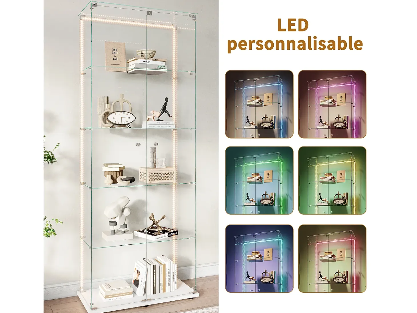 Vitrina de cristal de 5 estantes con iluminación LED personalizable – Base blanca