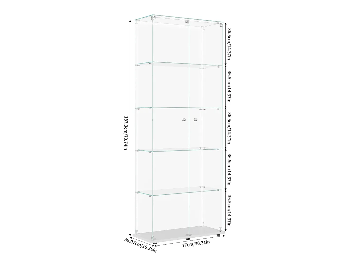 Vitrina de cristal de 5 estantes con iluminación LED personalizable – Base blanca
