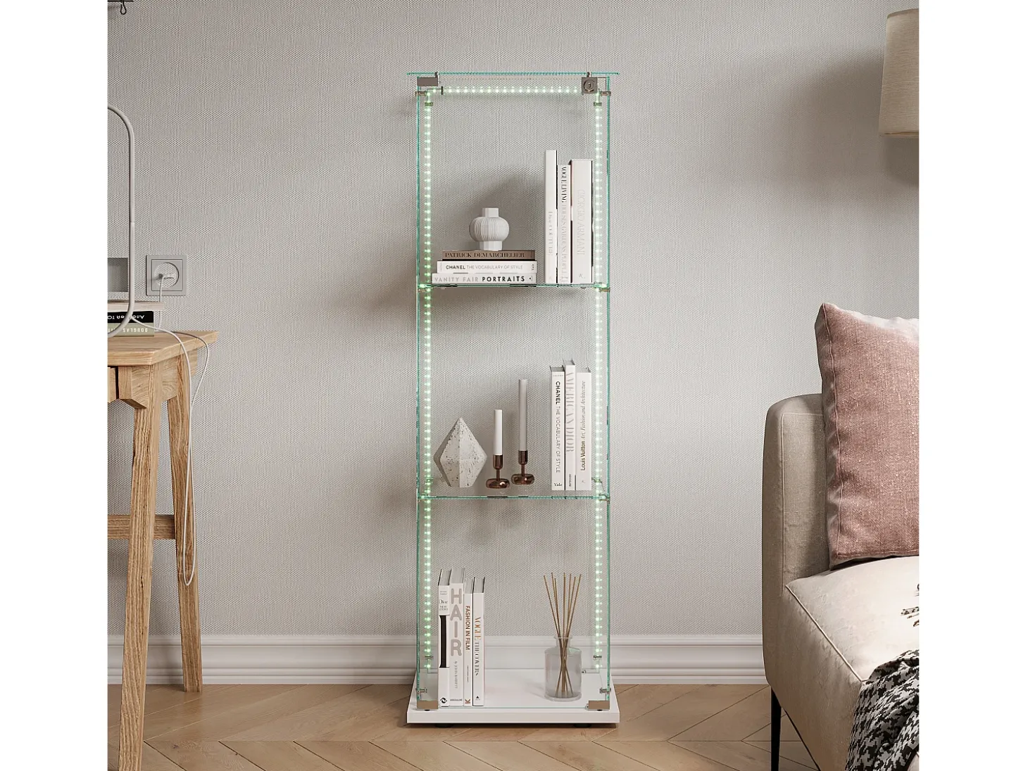 Vitrina de cristal de 3 estantes con iluminación LED - 123,3 x 39,8 x 35 cm - Vitrina estrecha - Blanco