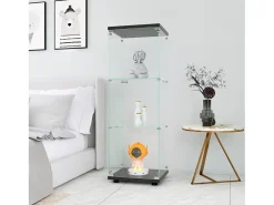 Vitrina de cristal de 3 estantes con puerta, estantería independiente para sala de estar, dormitorio y oficina, 42 x 36 x 125 cm, color negro