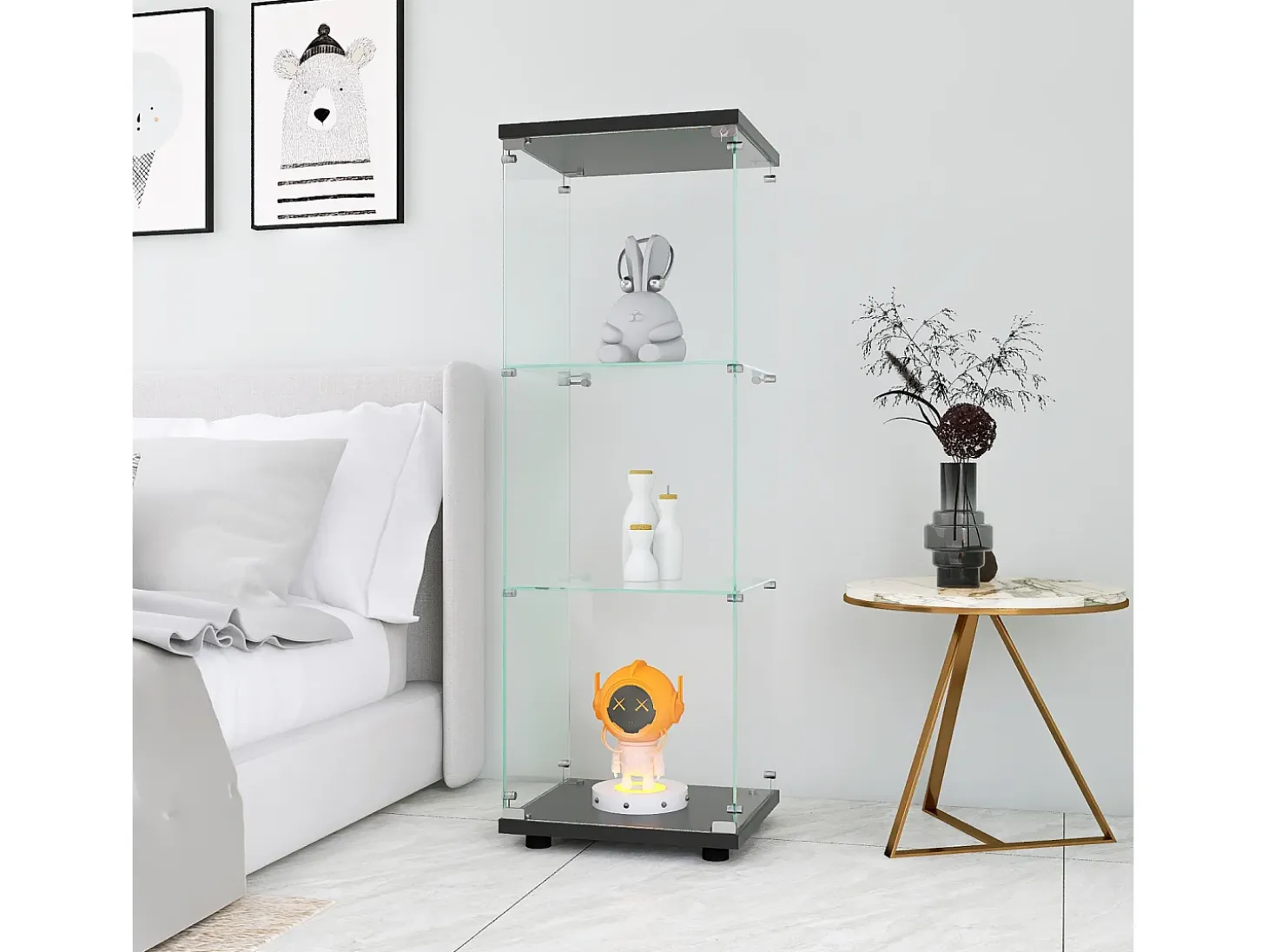 Vitrina de cristal de 3 estantes con puerta, estantería independiente para sala de estar, dormitorio y oficina, 42 x 36 x 125 cm, color negro