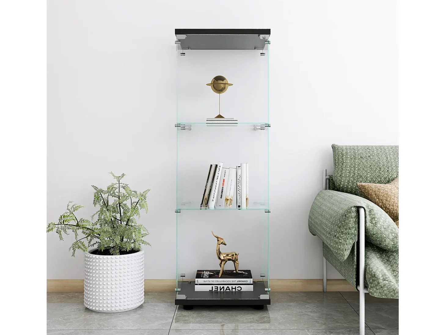 Vitrina de cristal de 3 estantes con puerta, estantería independiente para sala de estar, dormitorio y oficina, 42 x 36 x 125 cm, color negro