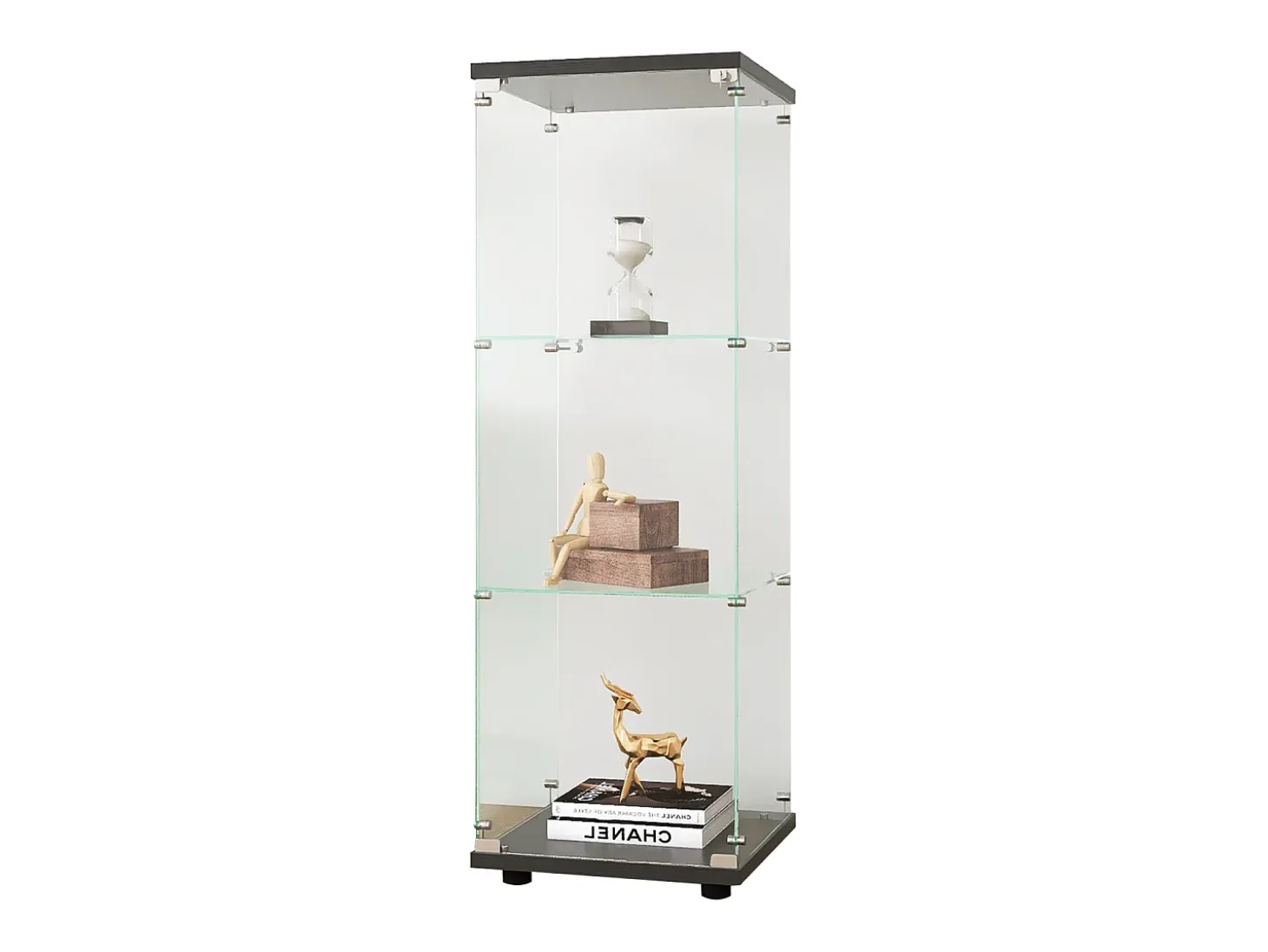 Vitrina de cristal de 3 estantes con puerta, estantería independiente para sala de estar, dormitorio y oficina, 42 x 36 x 125 cm, color negro