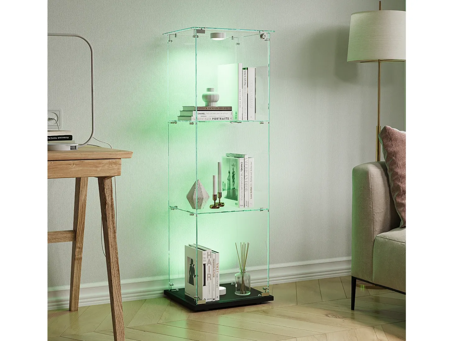 Vitrina de cristal de 3 estantes con iluminación táctil - 123,3 x 39,8 x 35 cm - Vitrina estrecha - Negra