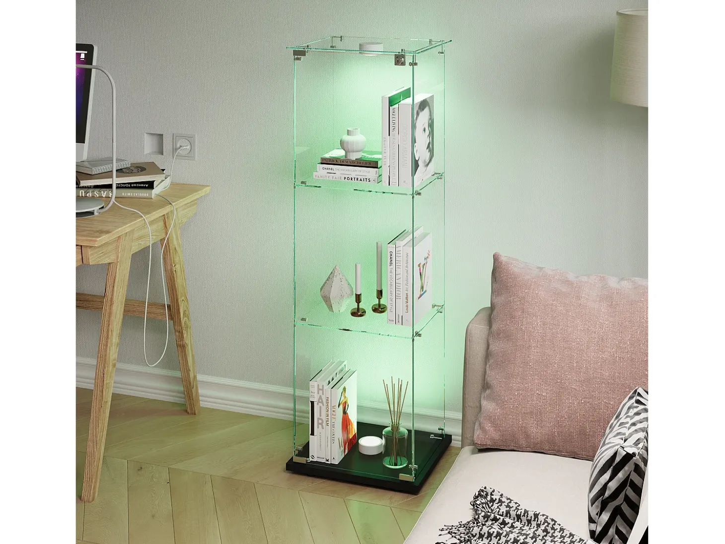Vitrina de cristal de 3 estantes con iluminación táctil - 123,3 x 39,8 x 35 cm - Vitrina estrecha - Negra
