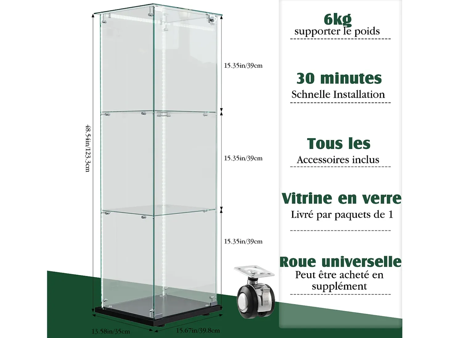 Vitrina de cristal de 3 estantes con iluminación táctil - 123,3 x 39,8 x 35 cm - Vitrina estrecha - Negra