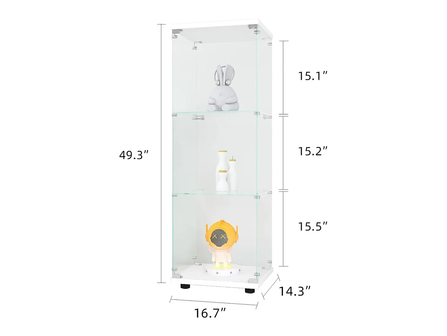 Vitrina de cristal de 3 estantes con puerta, estantería independiente para sala de estar, dormitorio y oficina, 42 x 36 x 125 cm, color blanco