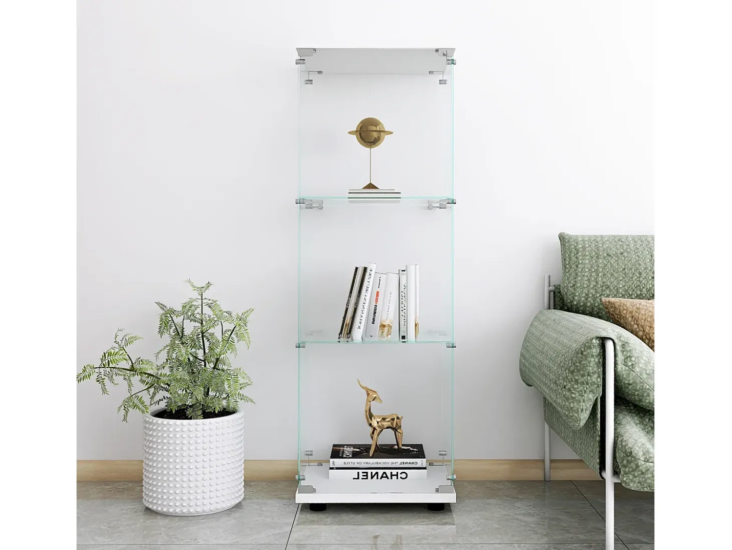 Vitrina de cristal de 3 estantes con puerta, estantería independiente para sala de estar, dormitorio y oficina, 42 x 36 x 125 cm, color blanco