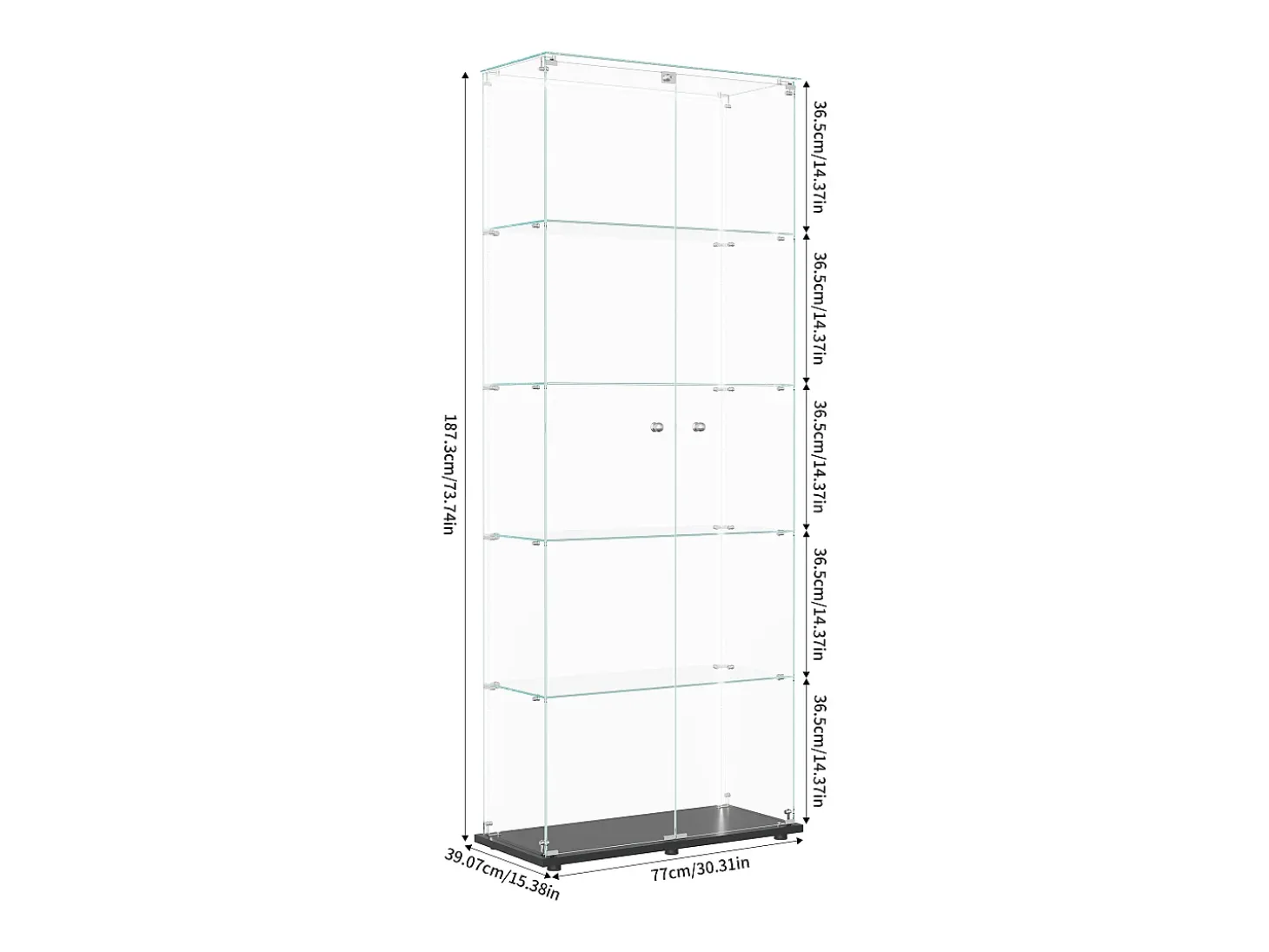 Vitrina de cristal de 5 estantes con iluminación LED personalizable – Base negra