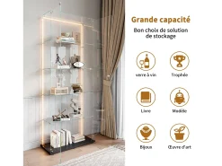 Vitrina de cristal de 5 estantes con iluminación LED personalizable – Base negra