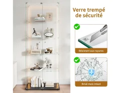 Vitrina de cristal de 5 estantes con iluminación LED personalizable – Base negra