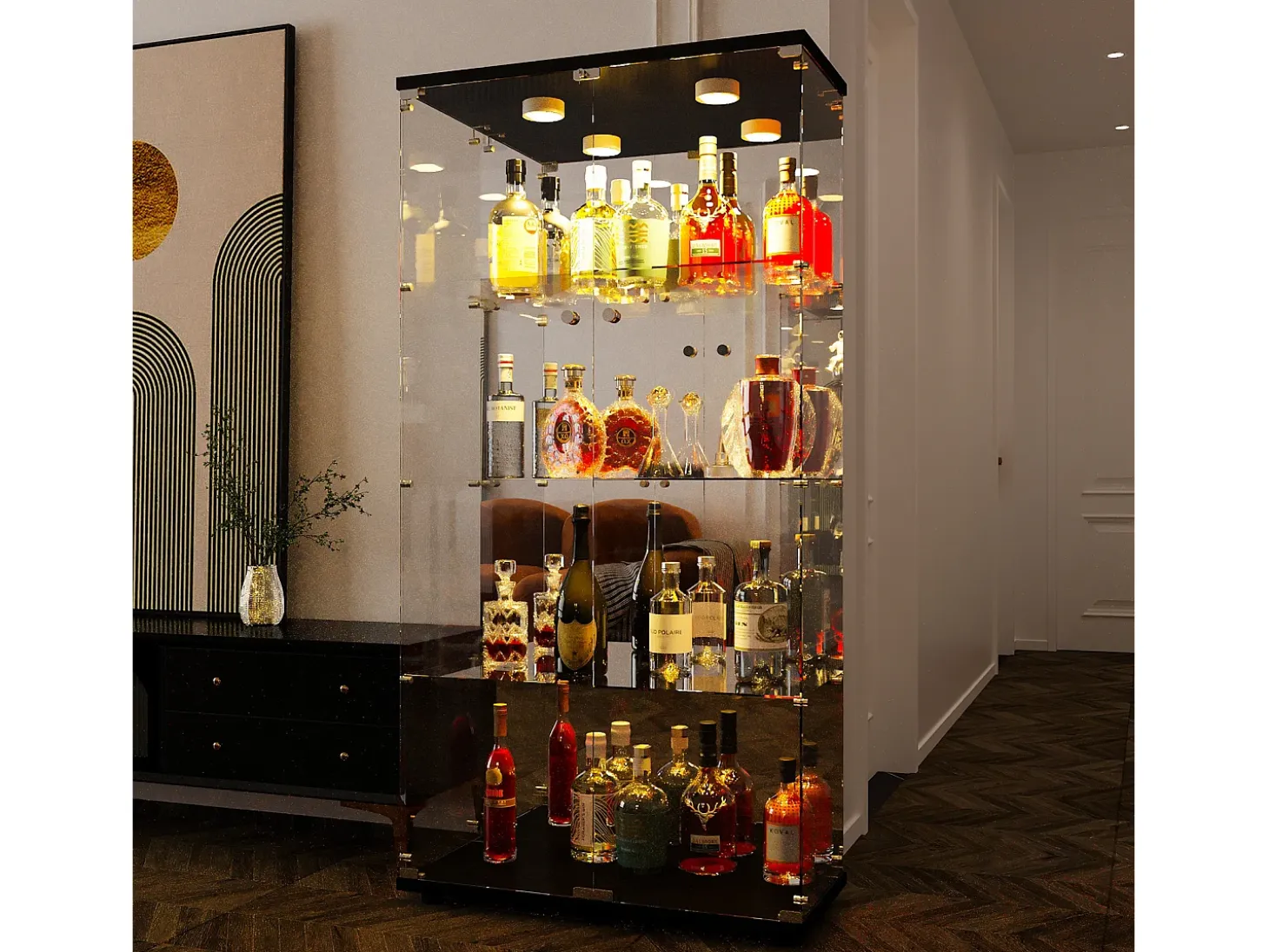 Vitrina de cristal de 163,9 x 36,49 x 80,49 cm, con estantes e iluminación LED, armario de curiosidades de doble puerta.