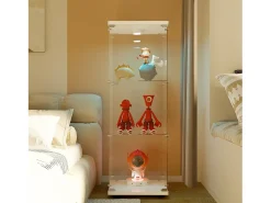 Vitrina de cristal de pie, 125 cm, con iluminación LED, cerradura, 1 puerta, 3 estantes, transparente, blanco