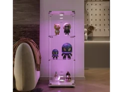 Vitrina de cristal de pie, 125 cm, con iluminación LED, cerradura, 1 puerta, 3 estantes, transparente, blanco