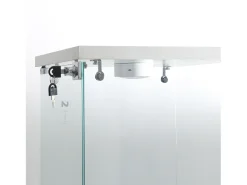 Vitrina de cristal de pie, 125 cm, con iluminación LED, cerradura, 1 puerta, 3 estantes, transparente, blanco