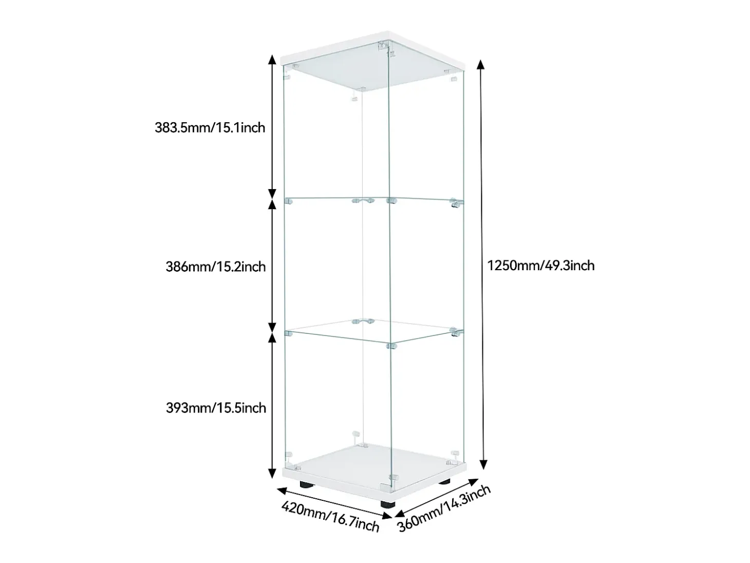 Vitrina de cristal de pie, 125 cm, con iluminación LED, cerradura, 1 puerta, 3 estantes, transparente, blanco
