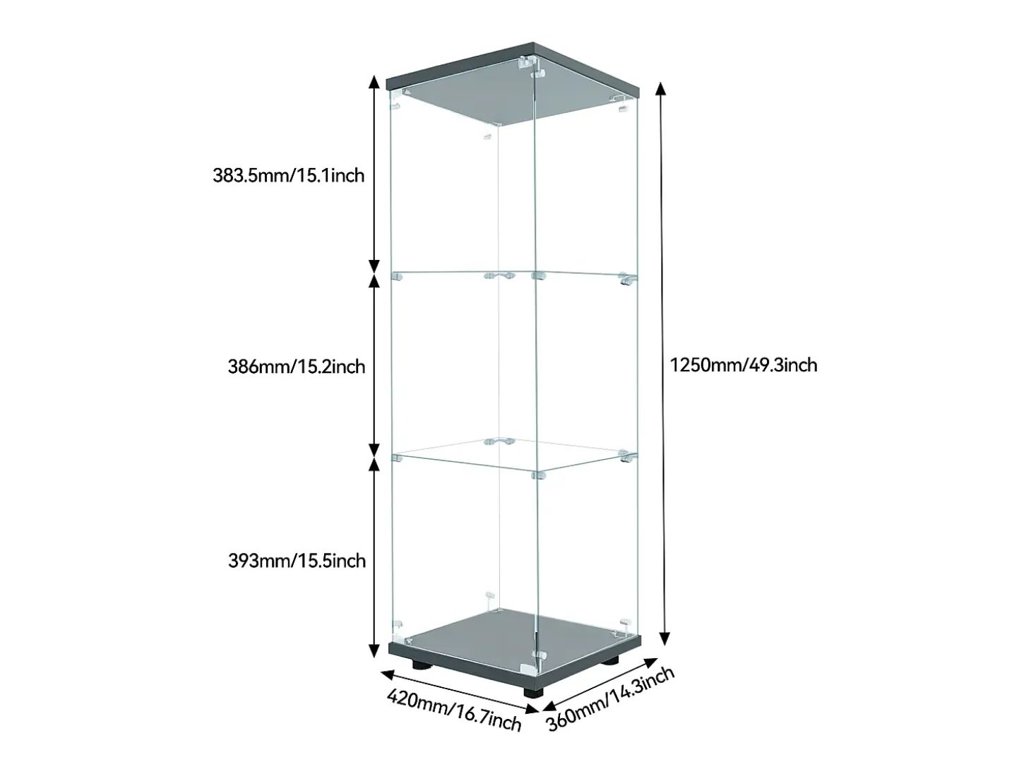 Vitrina de cristal de pie, 125 cm, con iluminación LED, cerradura, 1 puerta, 3 estantes, transparente, color negro