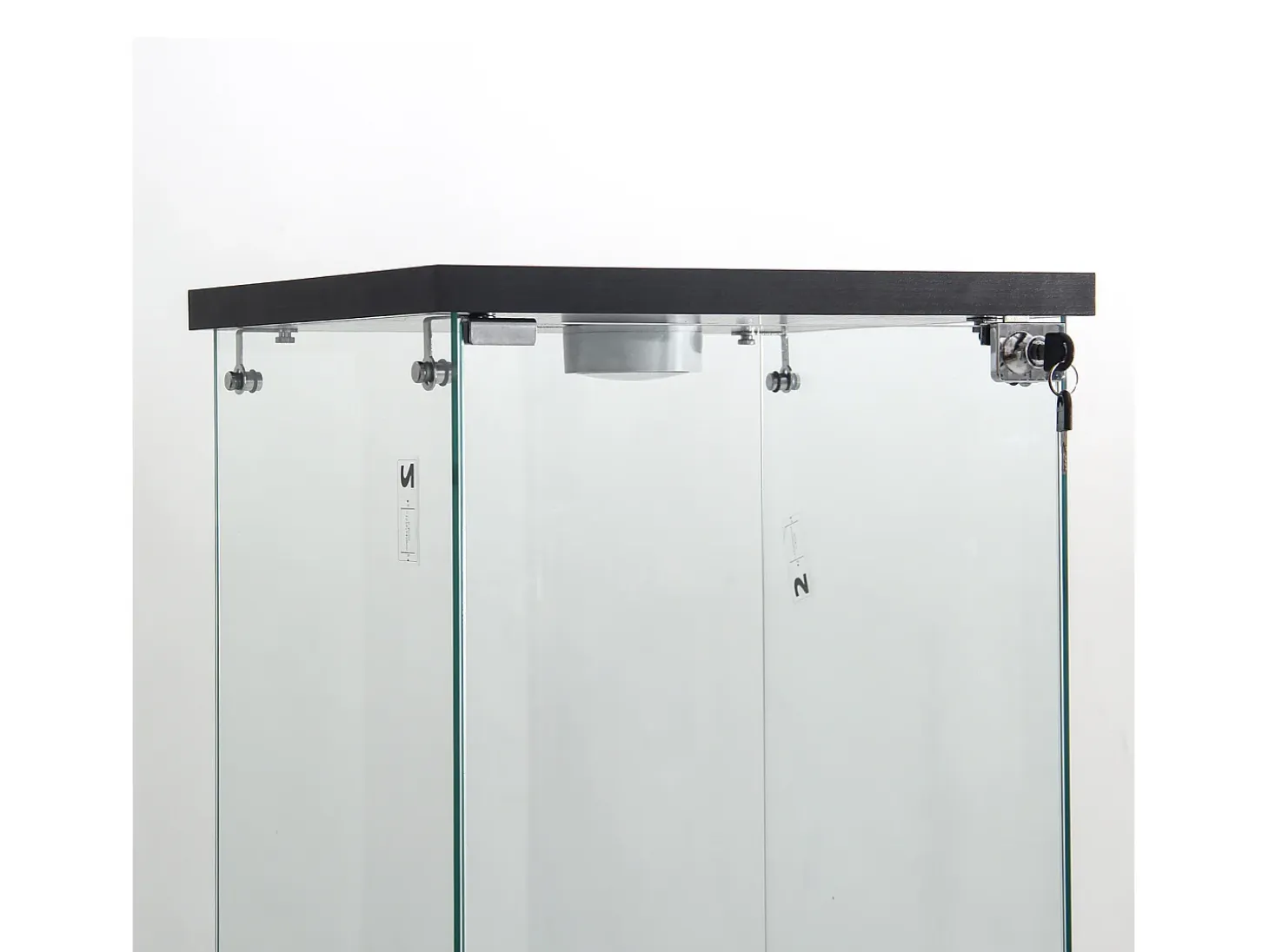 Vitrina de cristal de pie, 125 cm, con iluminación LED, cerradura, 1 puerta, 3 estantes, transparente, color negro