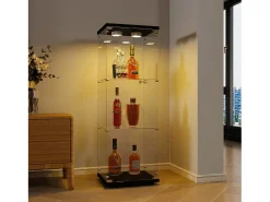 Vitrina de cristal de pie, 125 cm, con iluminación LED, cerradura, 1 puerta, 3 estantes, transparente, color negro