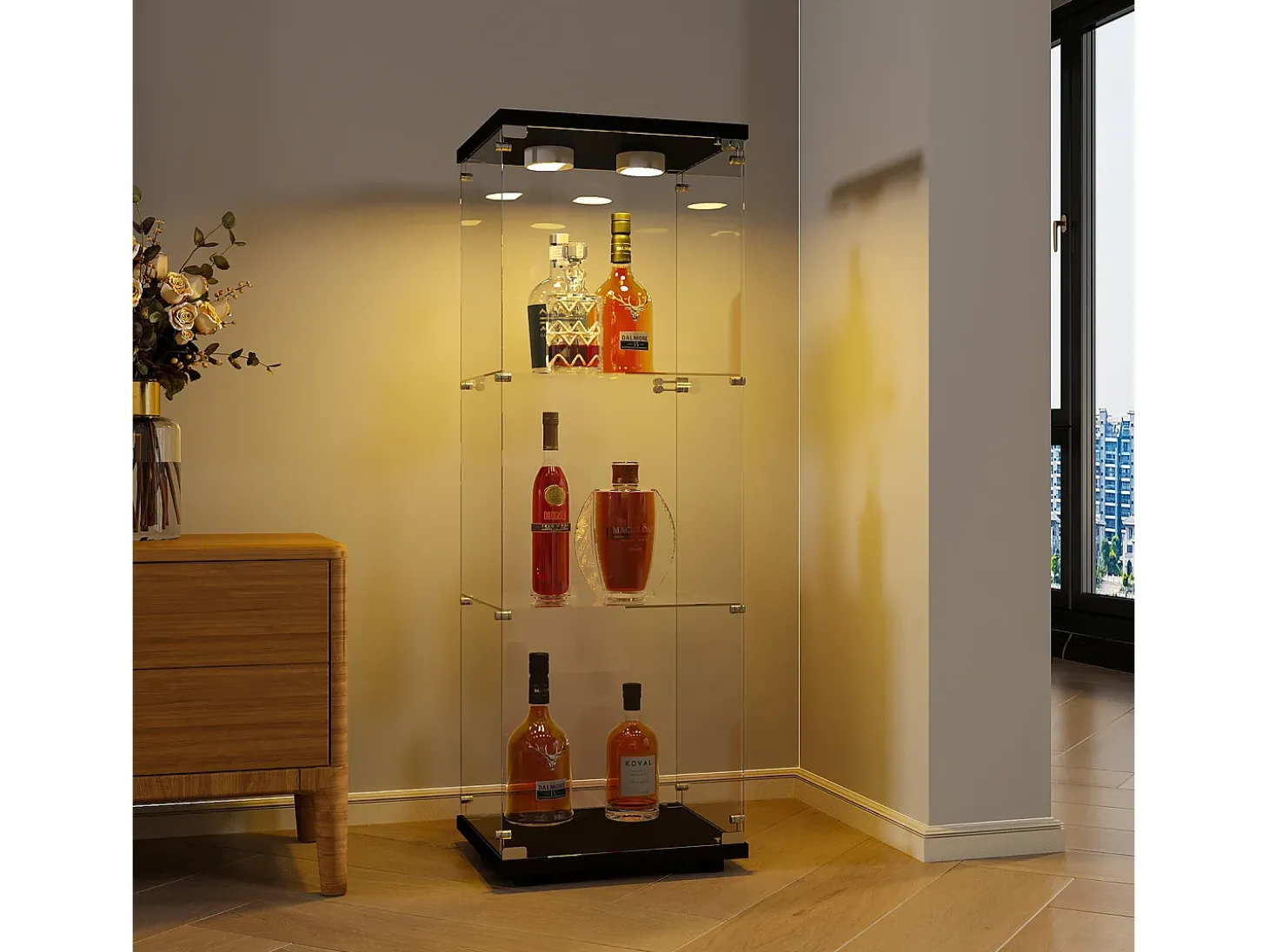 Vitrina de cristal de pie, 125 cm, con iluminación LED, cerradura, 1 puerta, 3 estantes, transparente, color negro