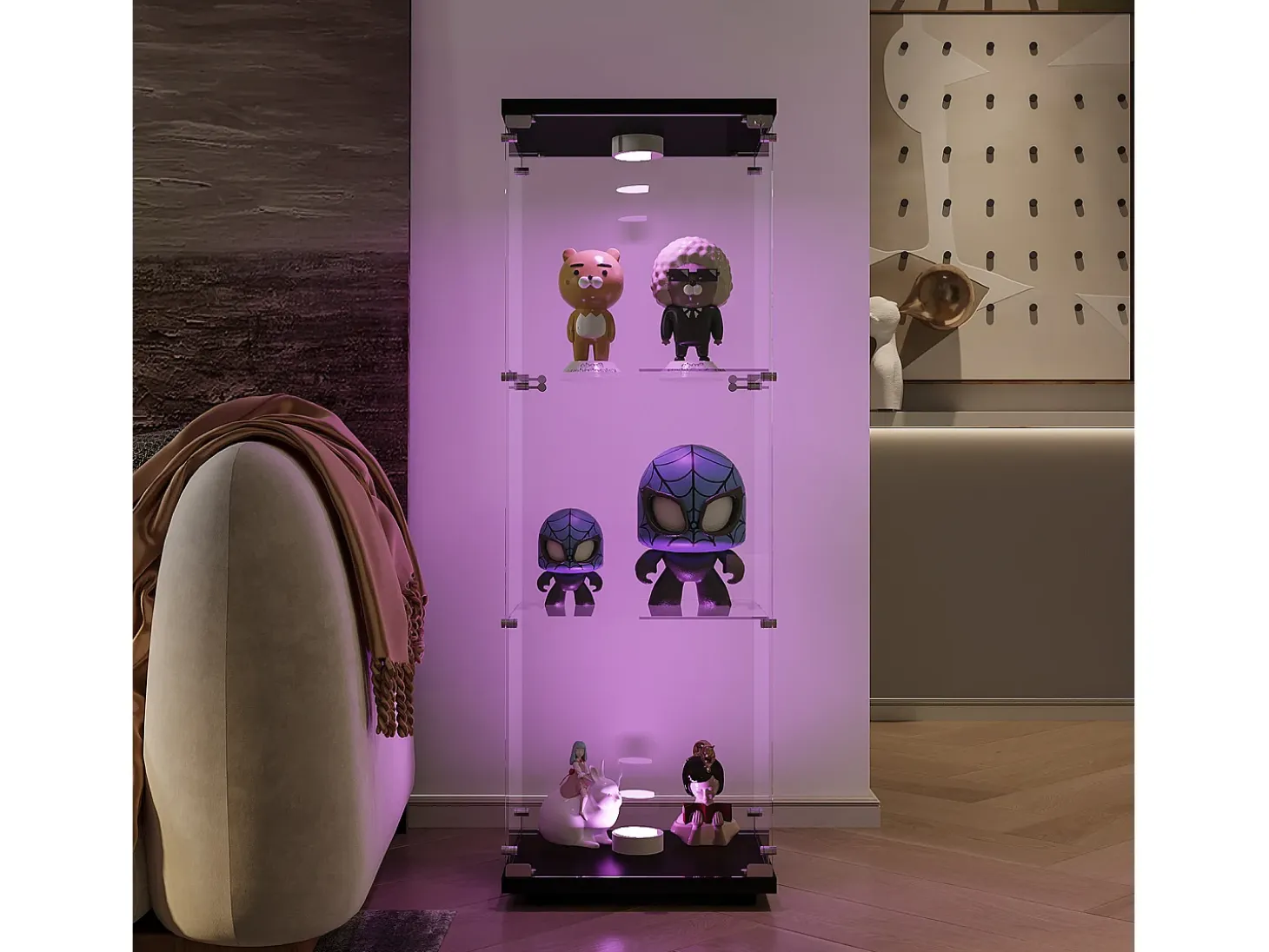 Vitrina de cristal de pie, 125 cm, con iluminación LED, cerradura, 1 puerta, 3 estantes, transparente, color negro
