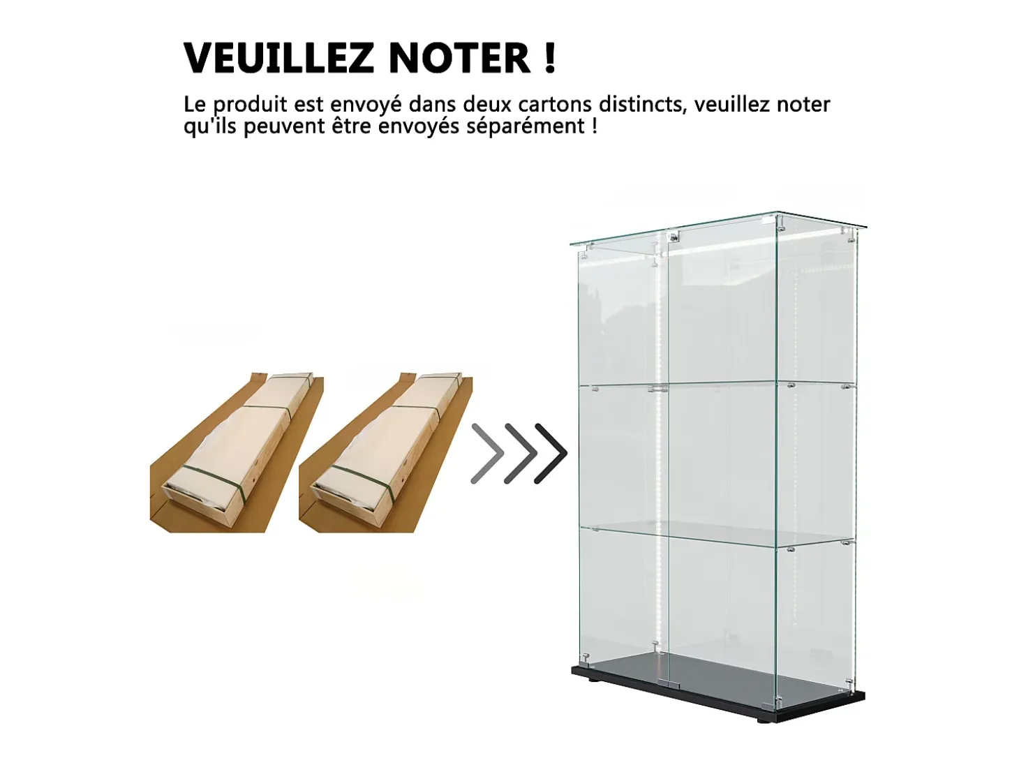 Vitrina de cristal independiente - Vitrina independiente con iluminación LED - 3 estantes - 2 puertas y cerradura - Negra