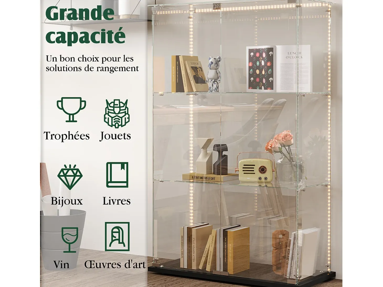 Vitrina de cristal independiente - Vitrina independiente con iluminación LED - 3 estantes - 2 puertas y cerradura - Negra