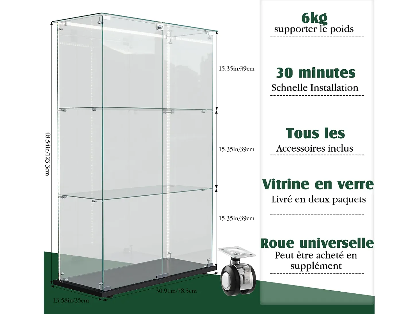 Vitrina de cristal independiente - Vitrina independiente con iluminación LED - 3 estantes - 2 puertas y cerradura - Negra
