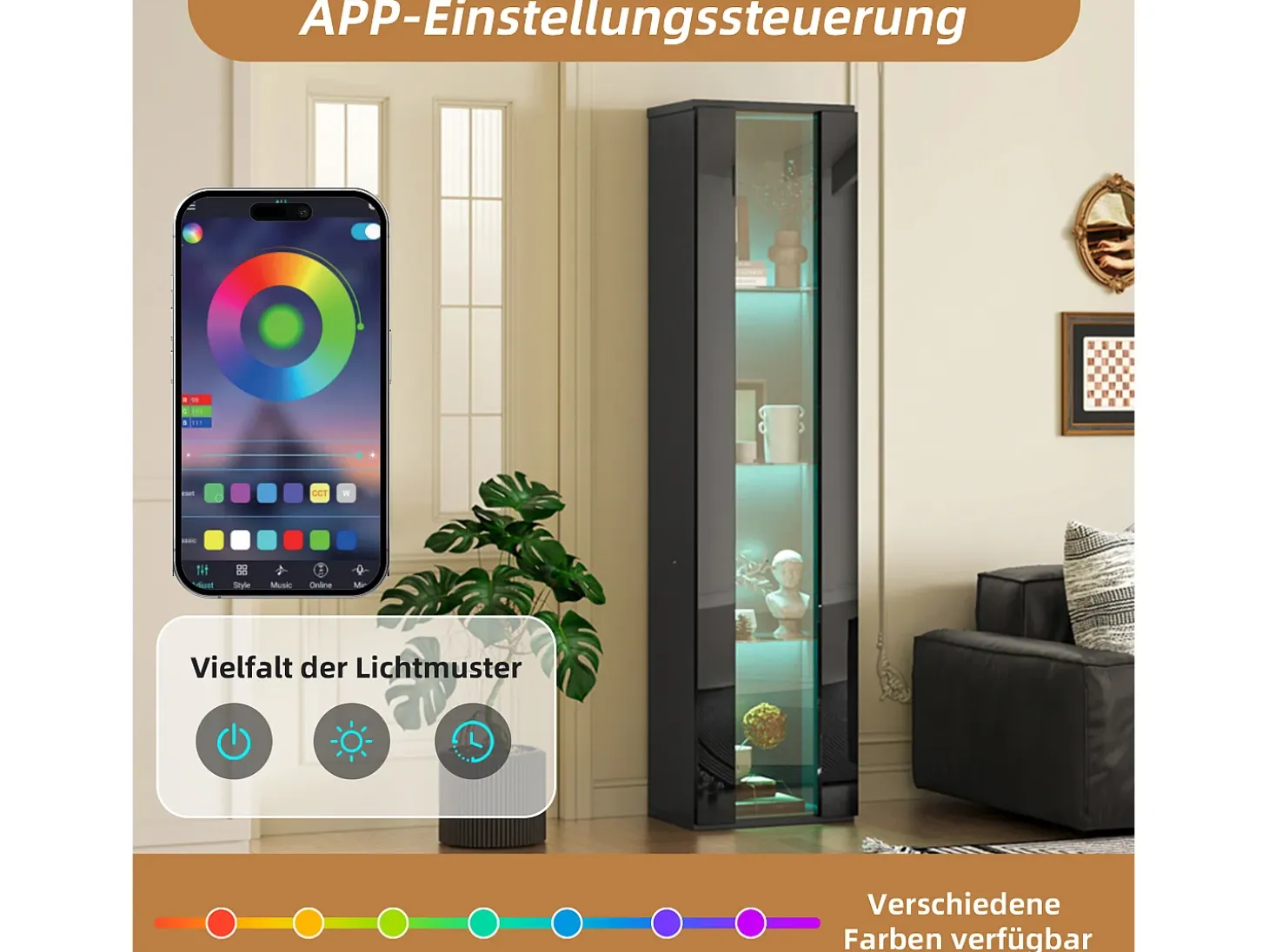 Vitrina de cristal multifuncional, con iluminación LED multicolor, diseño sencillo, panel acrílico, color negro (40x29x170 cm)