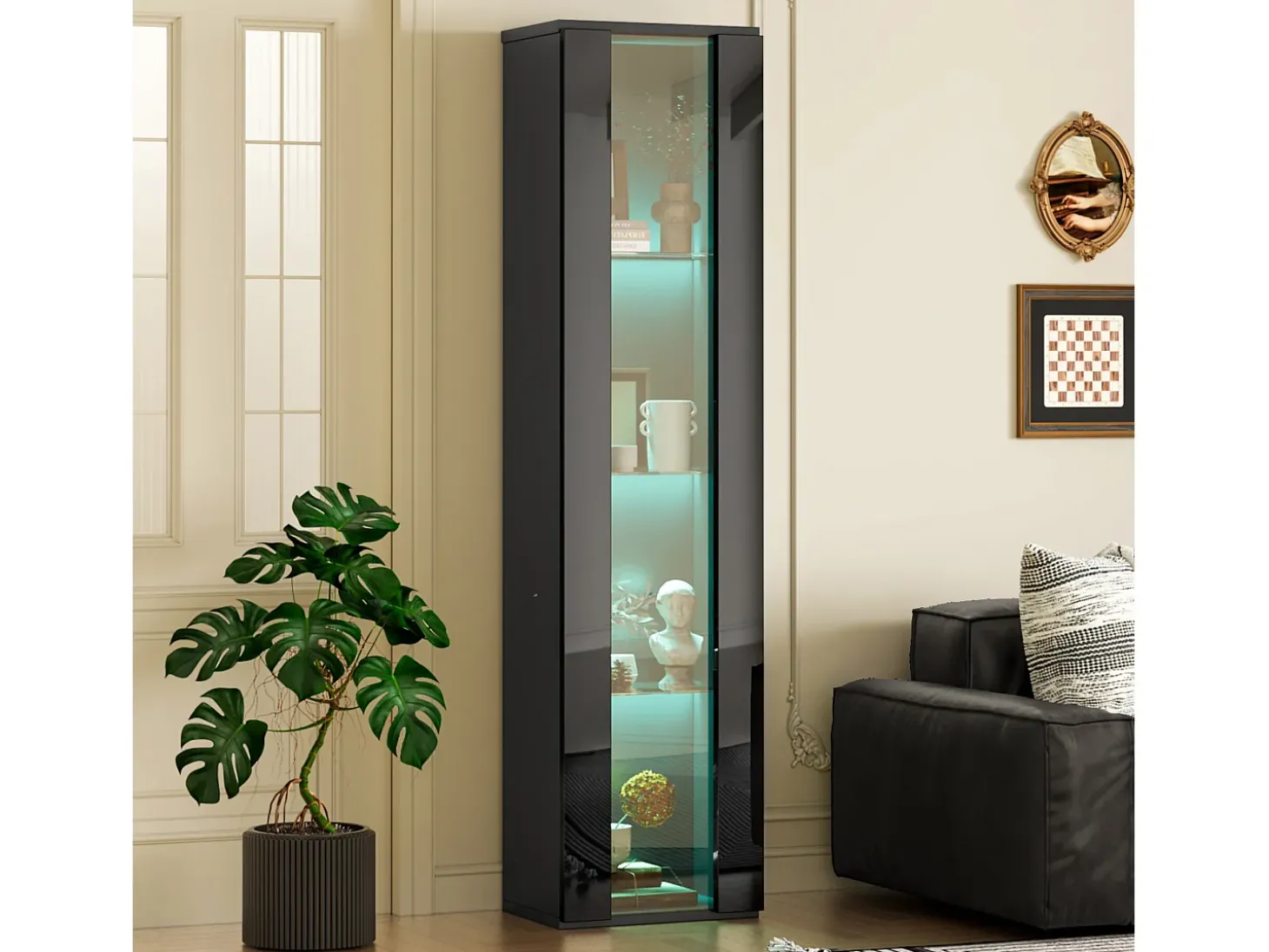 Vitrina de cristal multifuncional, con iluminación LED multicolor, diseño sencillo, panel acrílico, color negro (40x29x170 cm)