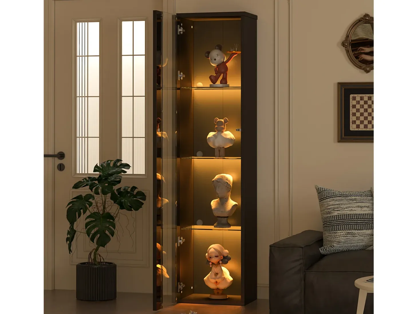 Vitrina de cristal multifuncional, con iluminación LED multicolor, diseño sencillo, panel acrílico, color negro (40x29x170 cm)