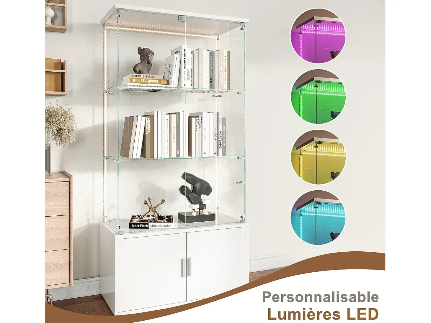 Vitrina de cristal, Vitrina de varios niveles, Vitrina de cristal con cerradura, Vitrina con iluminación LED, 78,51×35×164 cm, Blanco